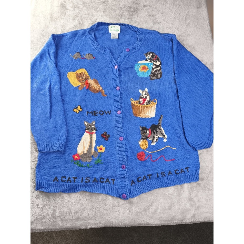 Vintage Quacker Factory Cat Cardigan Sweater 2X Blue